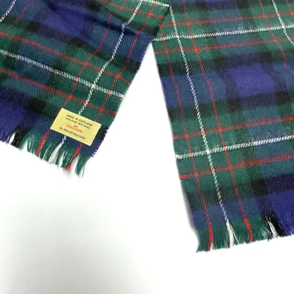Ingles Buchan Ferguson Scotland Scarf Wool Fringe Plaid Green Blue Red White